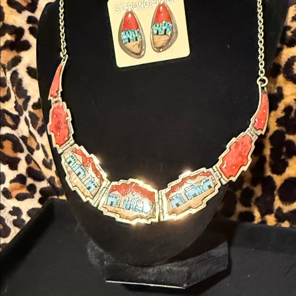 Santa Fe Style Red Coral Multi Gemstone Necklace Sterling 18’ and Earrings - Picture 3 of 8